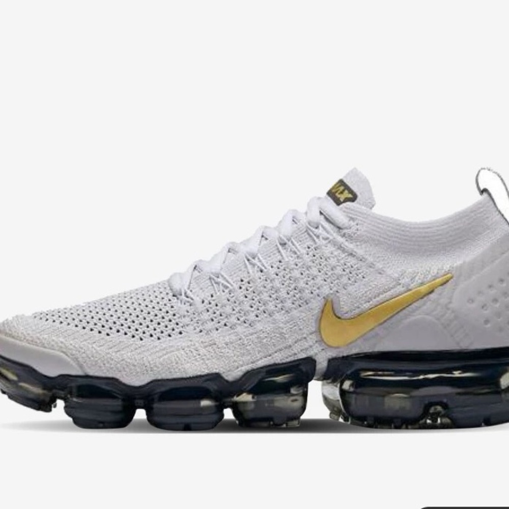 Nike White and Gold VaporMax Athletic Shoes